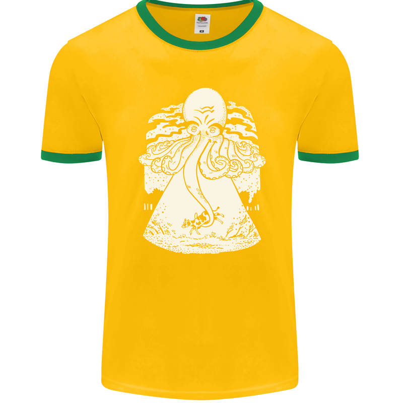 Alien Octopus Kraken Cthulhu Cow UFO Mens Ringer T-Shirt FotL Gold/Green