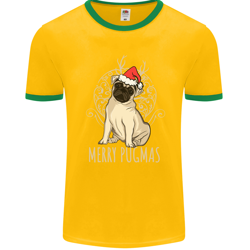 Merry Pugmas Funny Christmas Pug Mens Ringer T-Shirt FotL Gold/Green