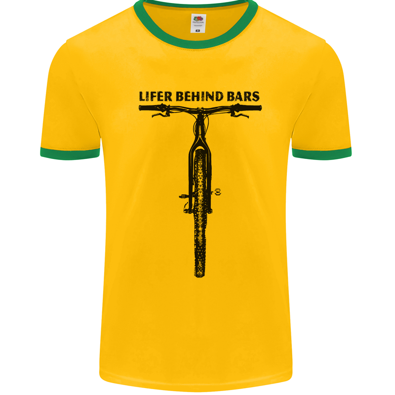 Lifer Behind Bars Funny Cycling Cyclist Mens White Ringer T-Shirt Gold/Green