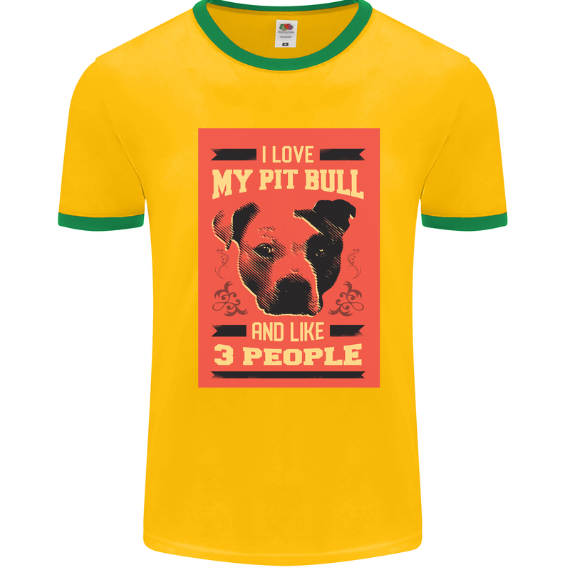 I Love My Pitbull & 3 People Funny Mens White Ringer T-Shirt Gold/Green