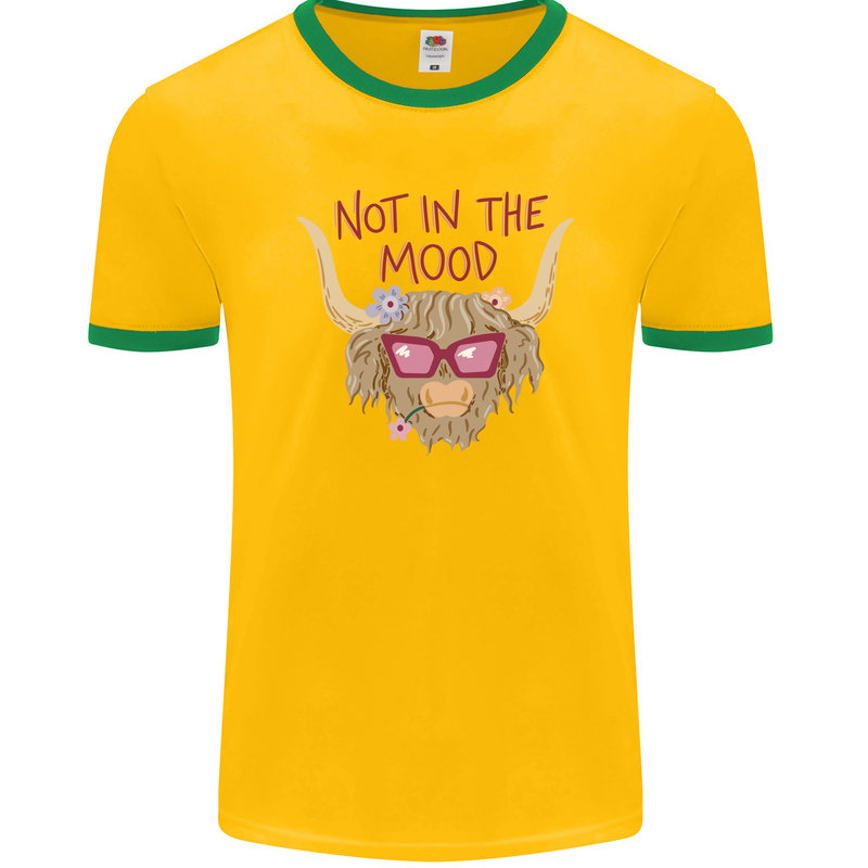 Not in the Mood Funny Highland Cow Mens Ringer T-Shirt FotL Gold/Green