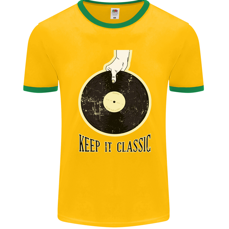 Vinyl Records Keep it Classic DJ Decks Mens Ringer T-Shirt FotL Gold/Green