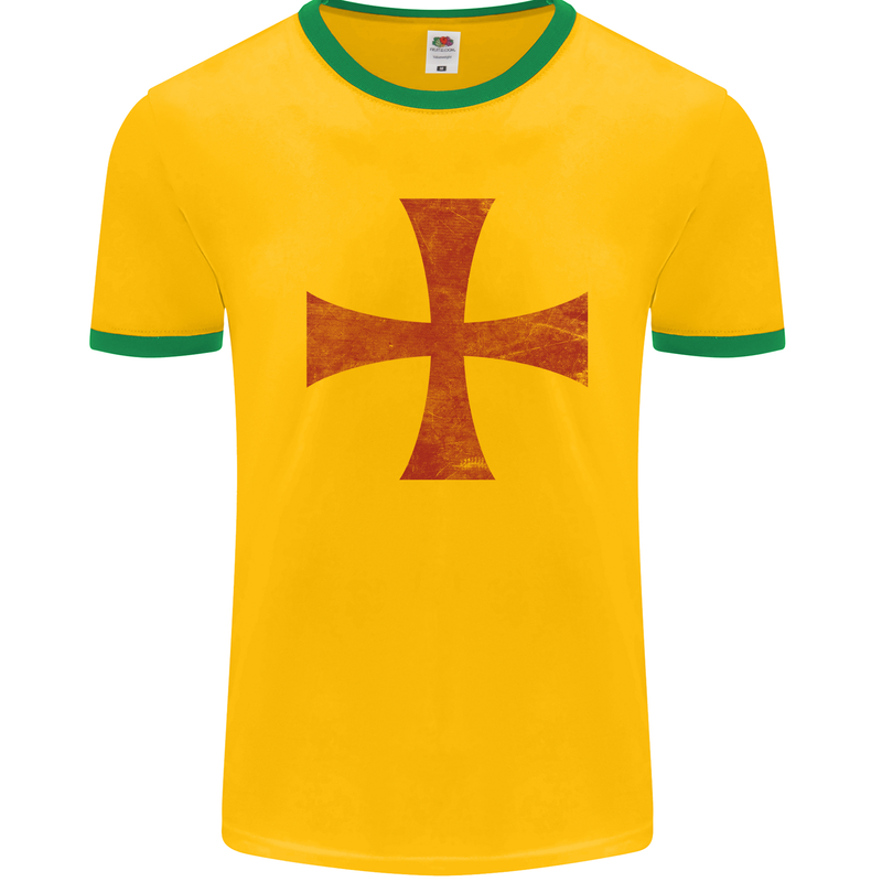 Knights Templar Cross Fancy Dress Outfit Mens White Ringer T-Shirt Gold/Green