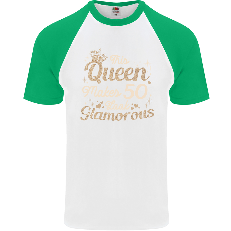 50th Birthday Queen Fifty Years Old 50 Mens S/S Baseball T-Shirt White/Green