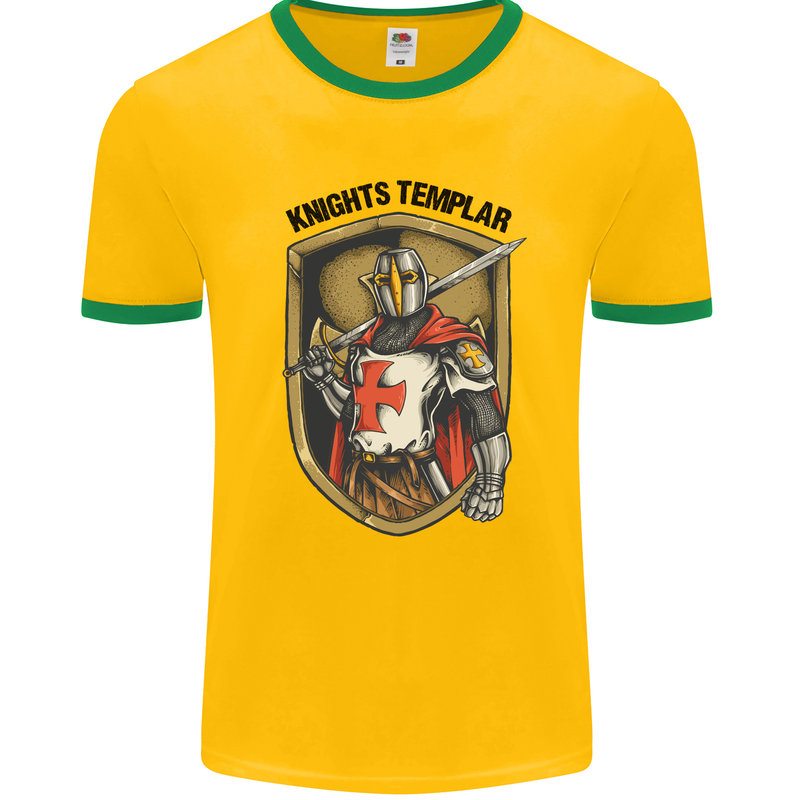 Knights Templar St Georges Day England Mens White Ringer T-Shirt Gold/Green