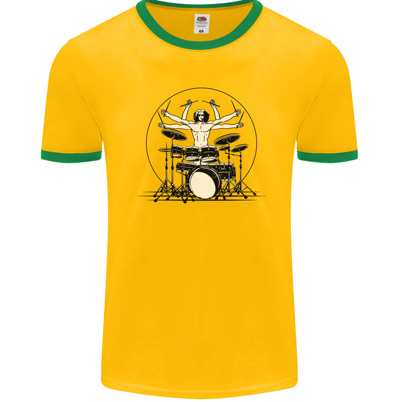 Virtruvian Drummer Funny Drumming Drum Mens Ringer T-Shirt FotL Gold/Green