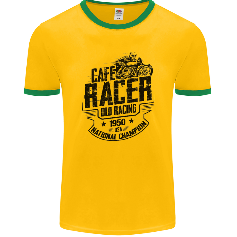 Cafe Racer Old Racing Motorcycle Biker Mens Ringer T-Shirt FotL Gold/Green