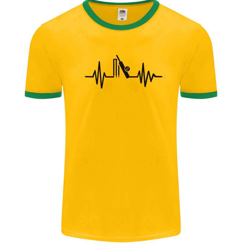 Cricket Pulse Cricketer Cricketing ECG Mens White Ringer T-Shirt Gold/Green