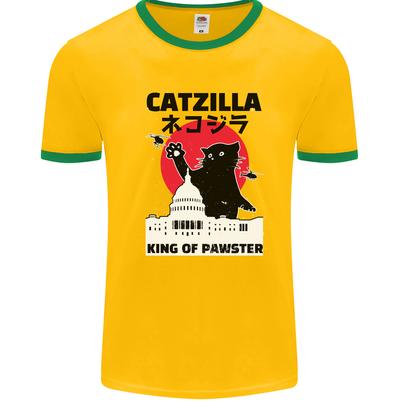 Catzilla Funny Cat Parody Mens White Ringer T-Shirt Gold/Green