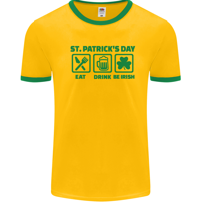 Eat Drink Be Irish St. Patrick's Day Mens White Ringer T-Shirt Gold/Green