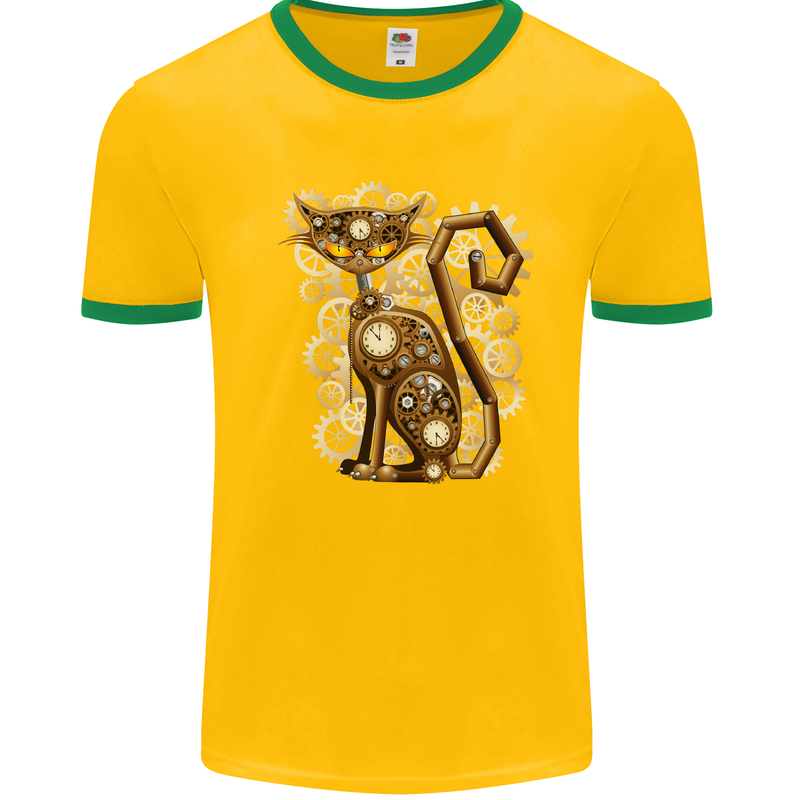 Steampunk Cat Mens White Ringer T-Shirt Gold/Green