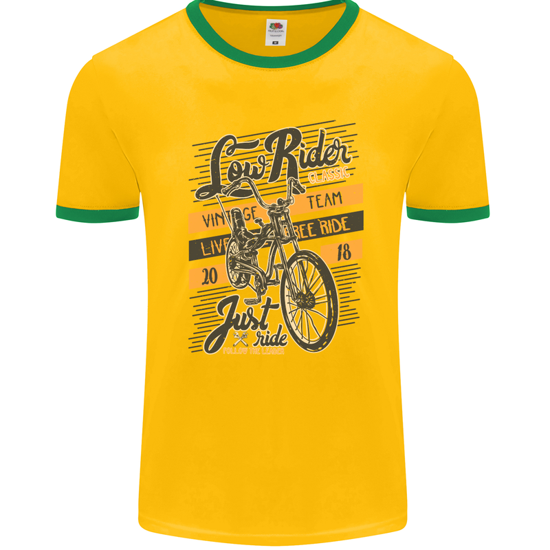 Low Rider Classic Chopper Biker Motorcycle Mens Ringer T-Shirt FotL Gold/Green