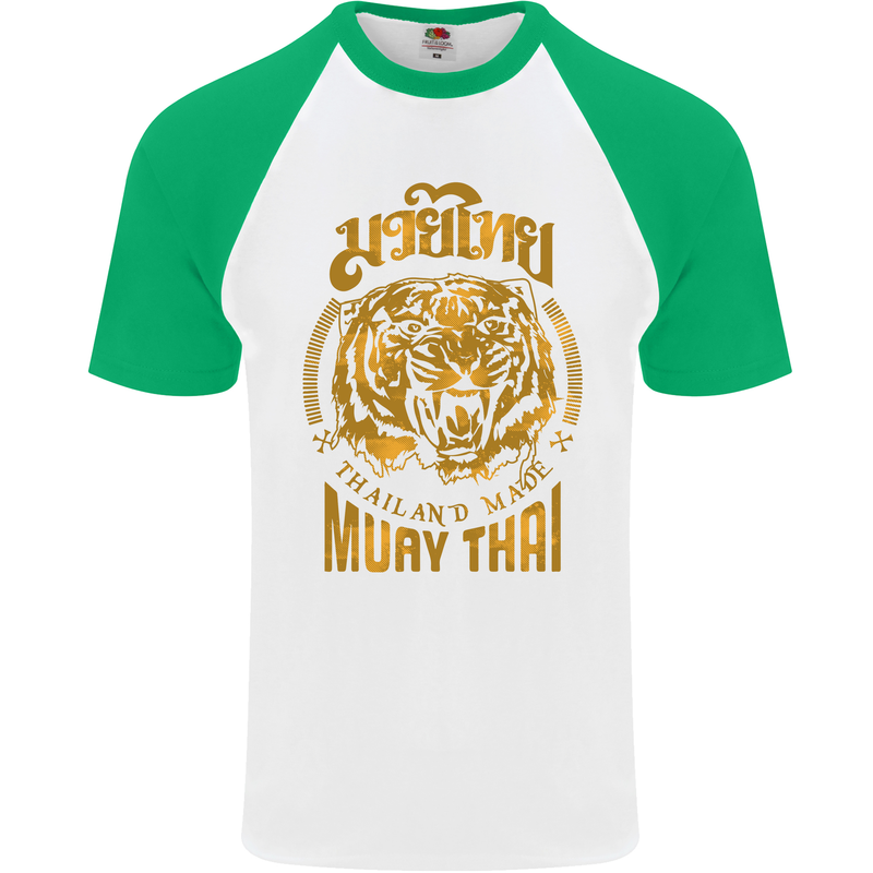 Muay Thai Fighter Warrior MMA Martial Arts Mens S/S Baseball T-Shirt White/Green