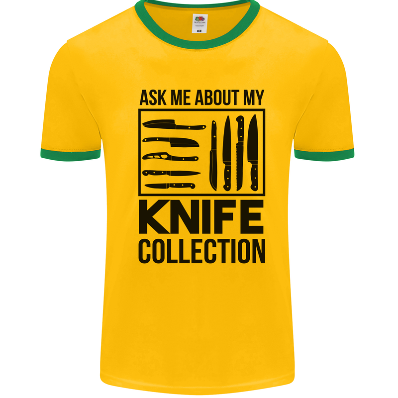 Funny Chef Ask About My Knife Collection Mens White Ringer T-Shirt Gold/Green