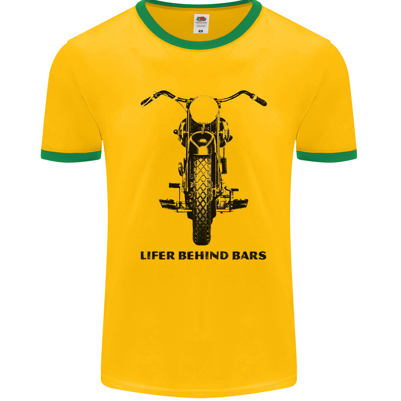 Lifer Behind Bars Motorcycle Motorbike Mens White Ringer T-Shirt Gold/Green