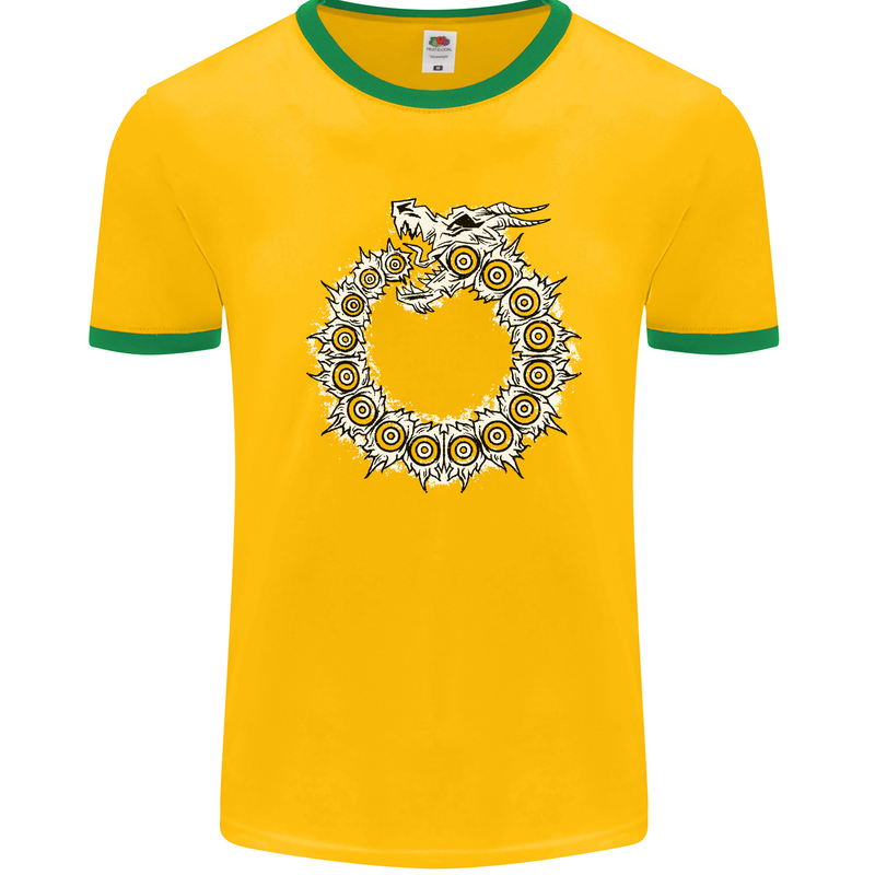 Dragon Symbol Fantasy Chinese Japanese Mens White Ringer T-Shirt Gold/Green