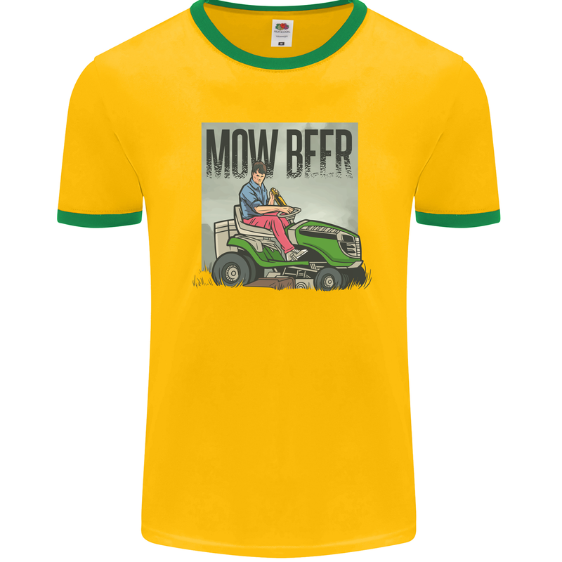 Mow Beer Funny Lawnmower Alcohol Gardening Mens Ringer T-Shirt FotL Gold/Green