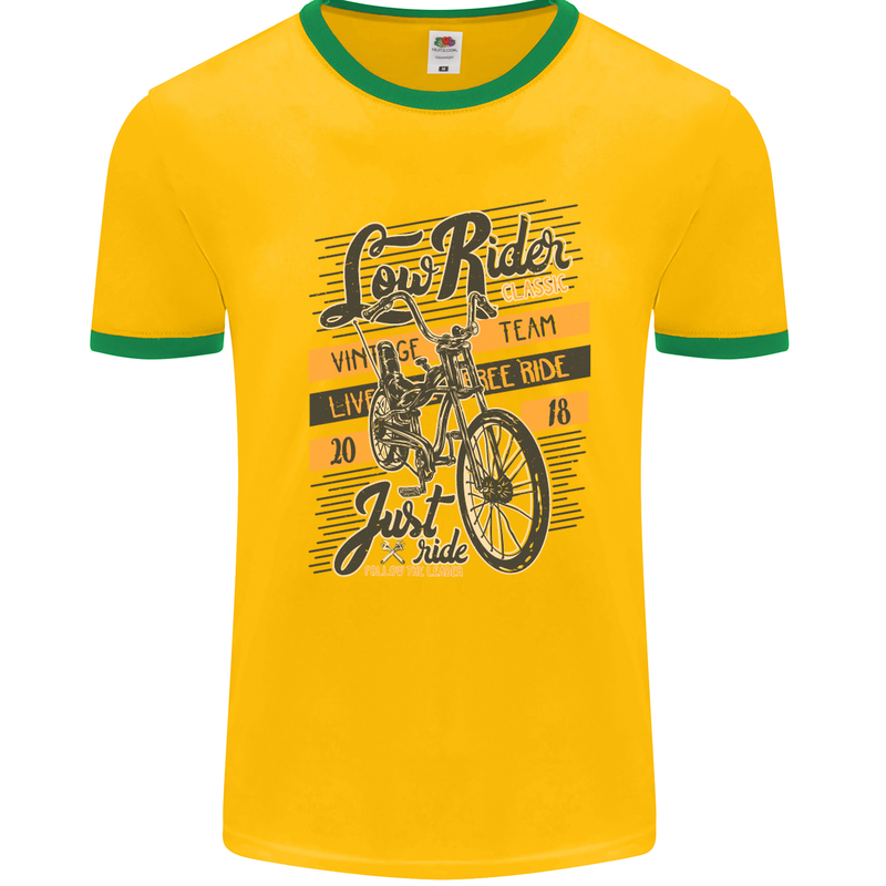 Low Rider Classic Chopper Biker Motorcycle Mens White Ringer T-Shirt Gold/Green