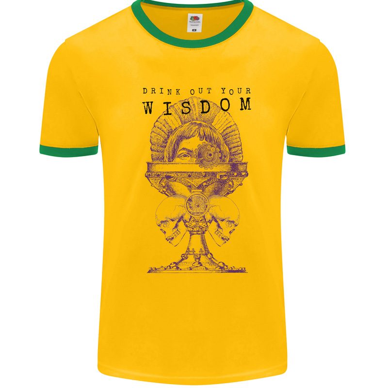 Wisdom Goblet Obscure Makabra Mens White Ringer T-Shirt Gold/Green