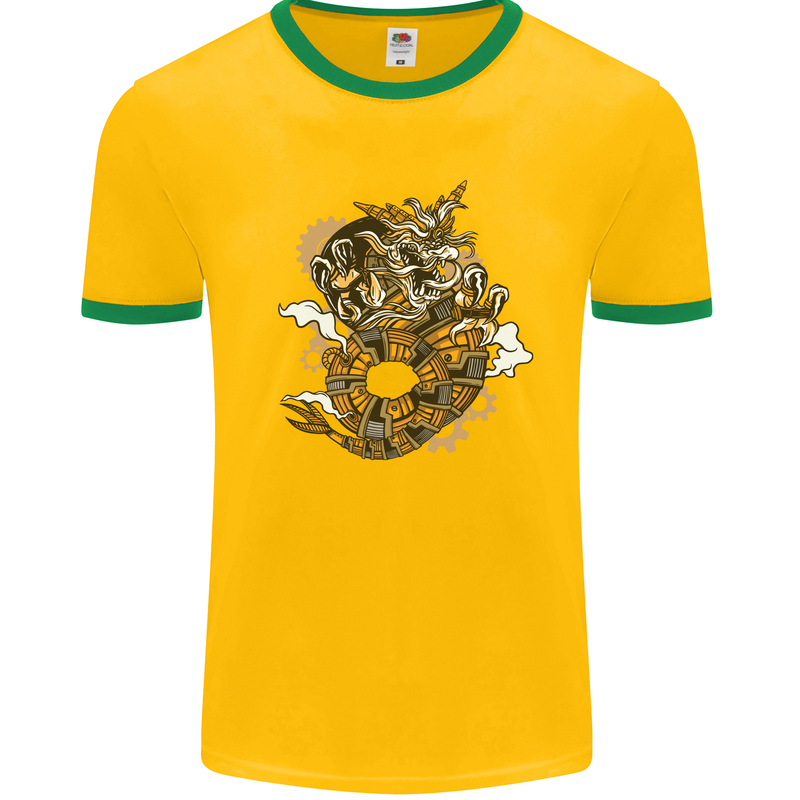 Steampunk Dragon Mens White Ringer T-Shirt Gold/Green