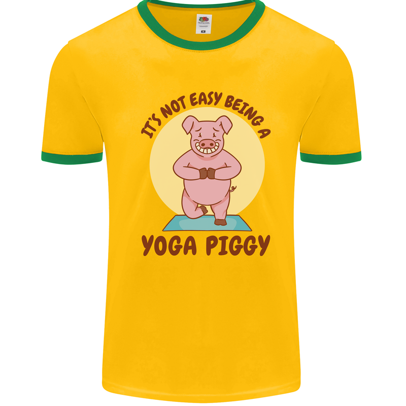 It's Not Easy Being a Yoga Piggy Funny Pig Mens White Ringer T-Shirt Gold/Green