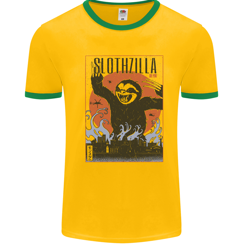 Slothzilla Funny Sloth Parody Mens Ringer T-Shirt Gold/Green