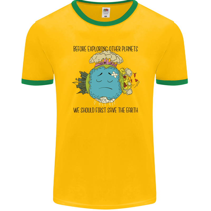 Save the Earth Climate Change Environment Mens Ringer T-Shirt FotL Gold/Green
