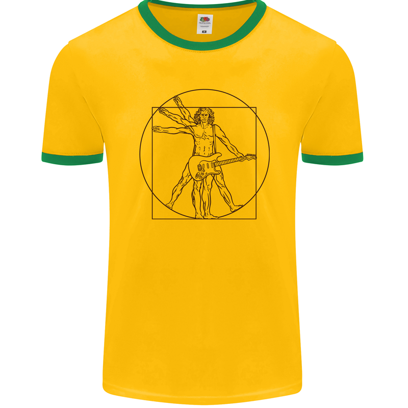 Guitar Vitruvian Man Guitarist Mens Ringer T-Shirt FotL Gold/Green