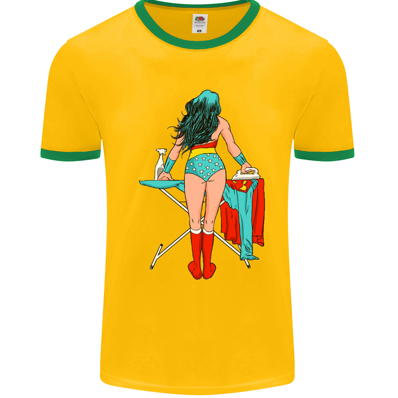 Ironing Superhero Funny Mens White Ringer T-Shirt Gold/Green