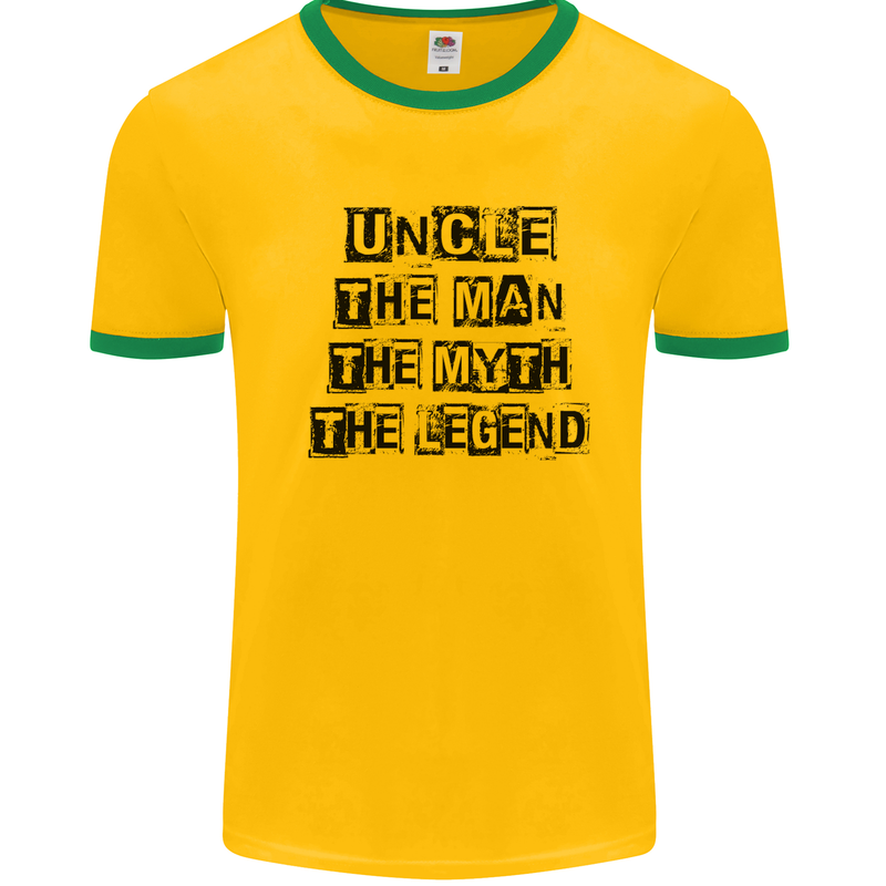 Uncle the Man the Myth the Legend Mens White Ringer T-Shirt Gold/Green