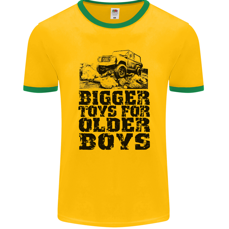 Bigger Toys Older Boys Off Roading Road 4x4 Mens Ringer T-Shirt FotL Gold/Green