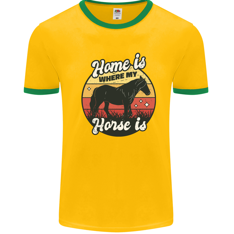 Home Is Where My Horse Is Funny Equestrian Mens White Ringer T-Shirt Gold/Green