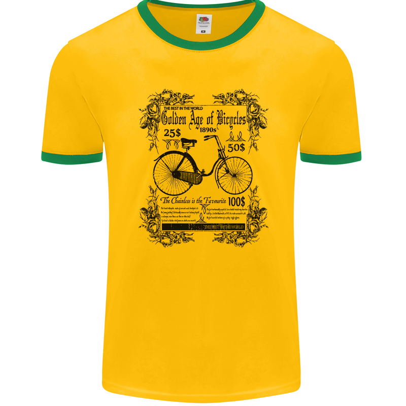 The Golden Age of Bicycles Cyclist Cycling Mens Ringer T-Shirt FotL Gold/Green