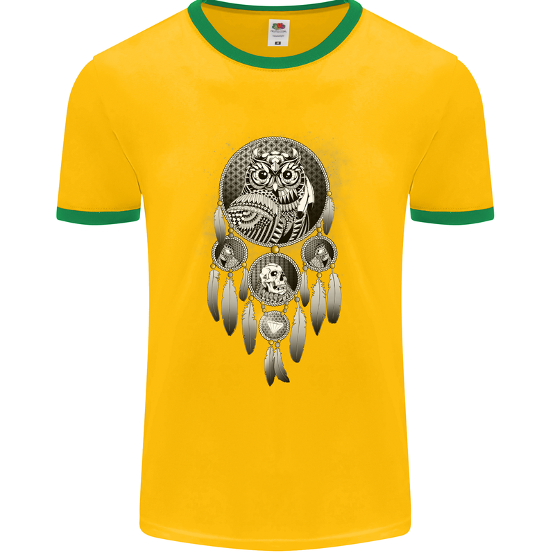 Bring the Nightmare Tribal Owl Skull Gothic Mens Ringer T-Shirt FotL Gold/Green