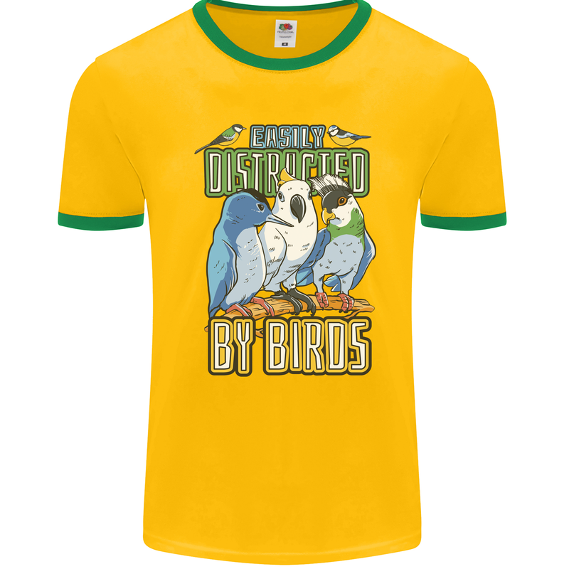 Easily Distracted by Bird Watching Mens Ringer T-Shirt FotL Gold/Green