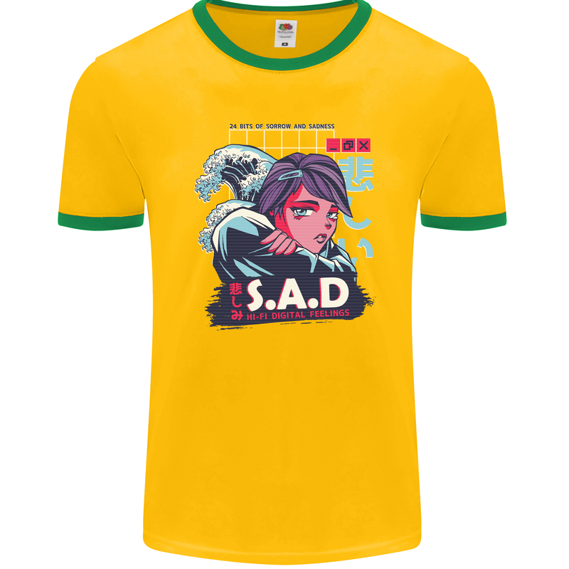 Music Vaporwave Anime Girl Emo SAD Mens Ringer T-Shirt FotL Gold/Green