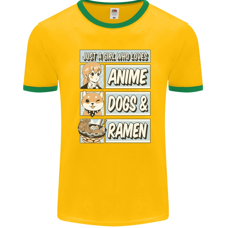 A Girl Who Loves Anime Dogs & Ramen Mens Ringer T-Shirt FotL Gold/Green