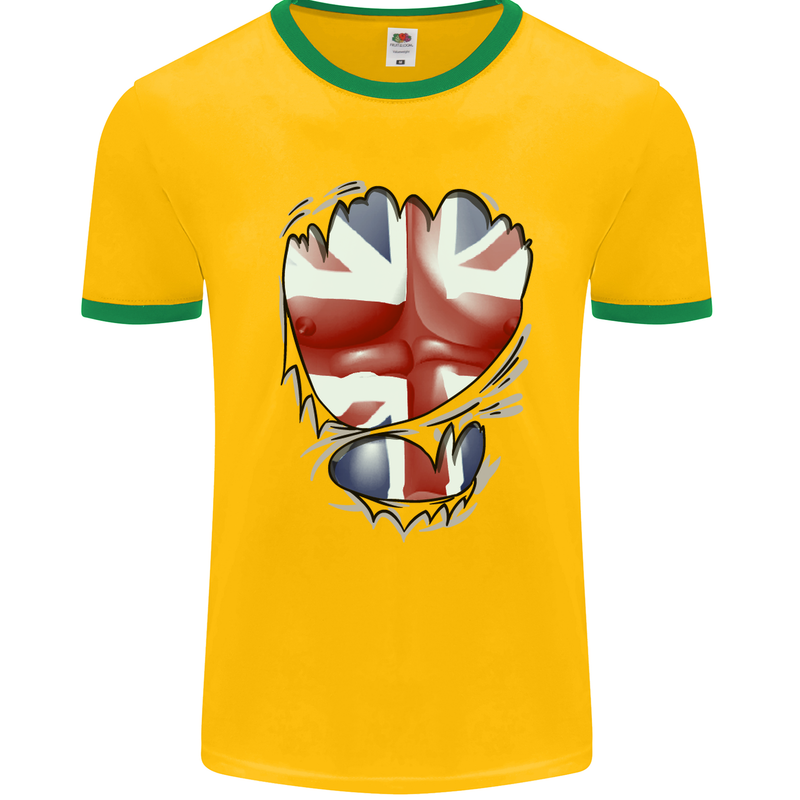 The Union Jack Flag Ripped Muscles Mens White Ringer T-Shirt Gold/Green