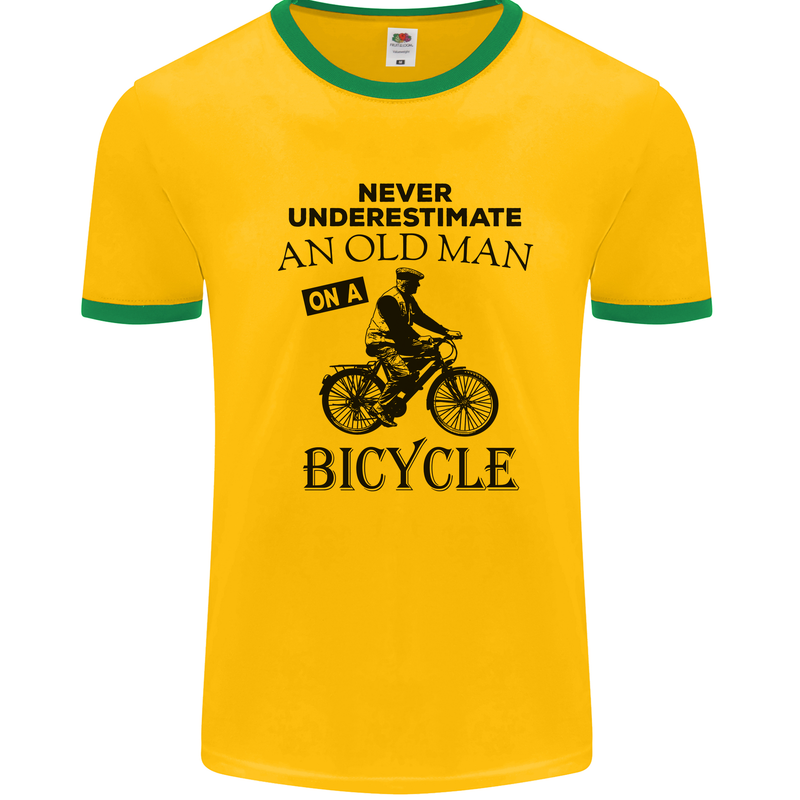 Cycling Never Underestimate Old Man Mens White Ringer T-Shirt Gold/Green