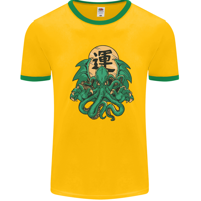 Cthulhu Monster Kraken Mens White Ringer T-Shirt Gold/Green