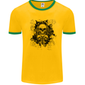 Three Skulls Demon Biker Gothic Tattoo Mens White Ringer T-Shirt Gold/Green