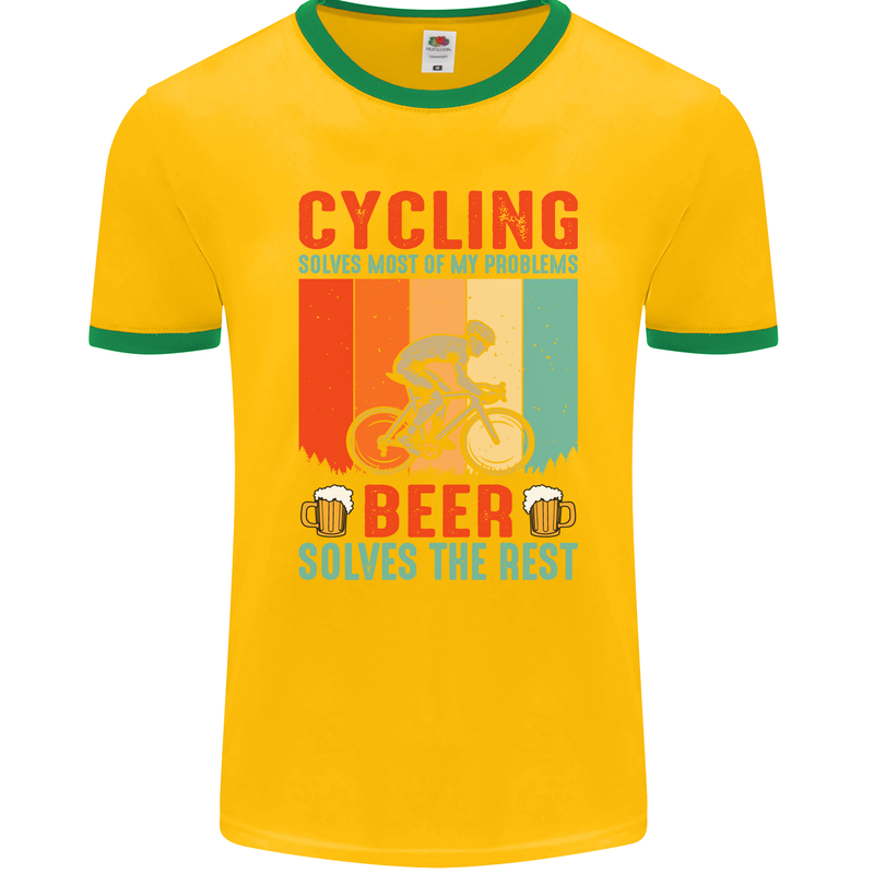 Cycling Funny Beer Cyclist Bicycle MTB Bike Mens Ringer T-Shirt FotL Gold/Green