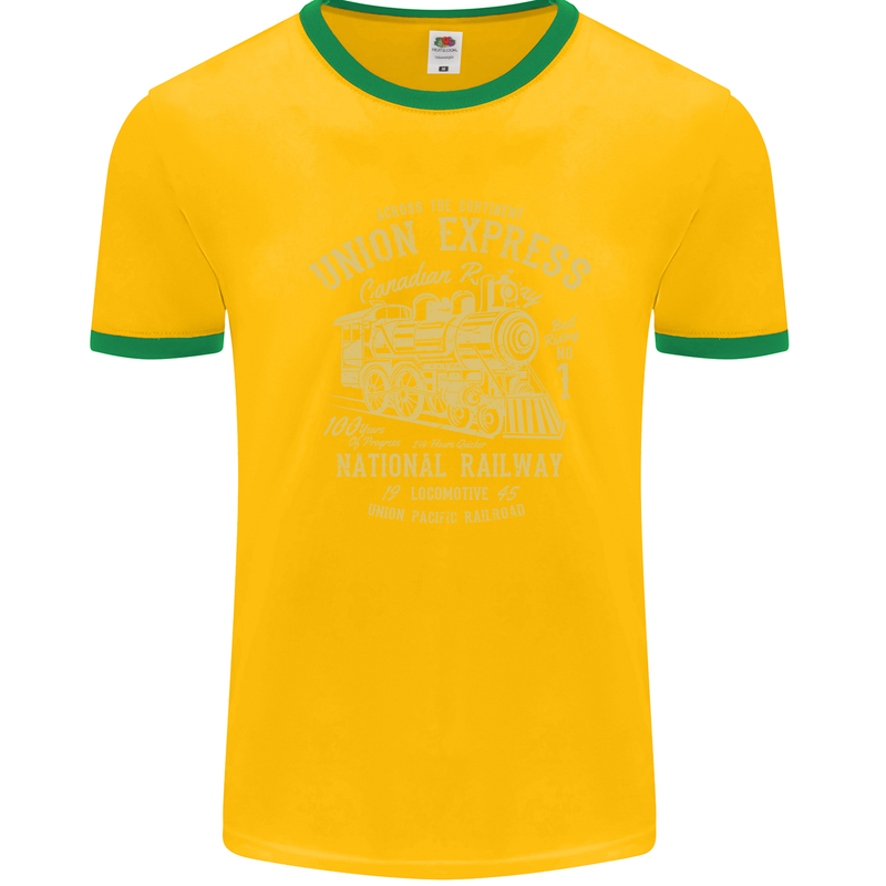 Railway Train Trainspotter Trianspotting Mens White Ringer T-Shirt Gold/Green