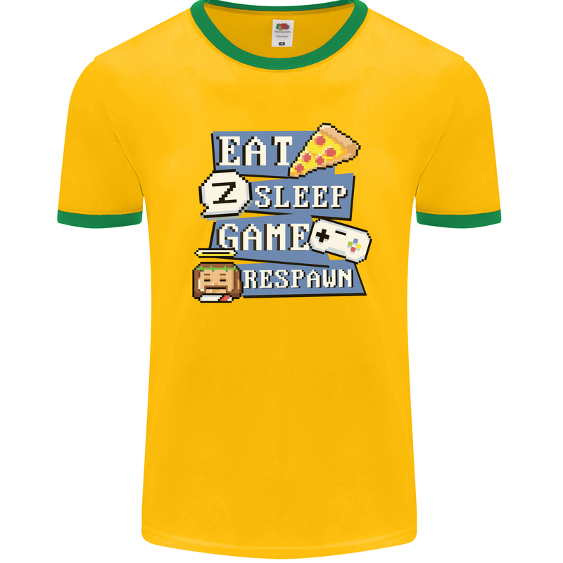 Gaming Eat Sleep Game Respawn Gamer Arcade Mens Ringer T-Shirt FotL Gold/Green