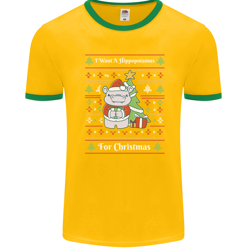 Hippo Christmas Funny Hippopotamus Mens Ringer T-Shirt FotL Gold/Green