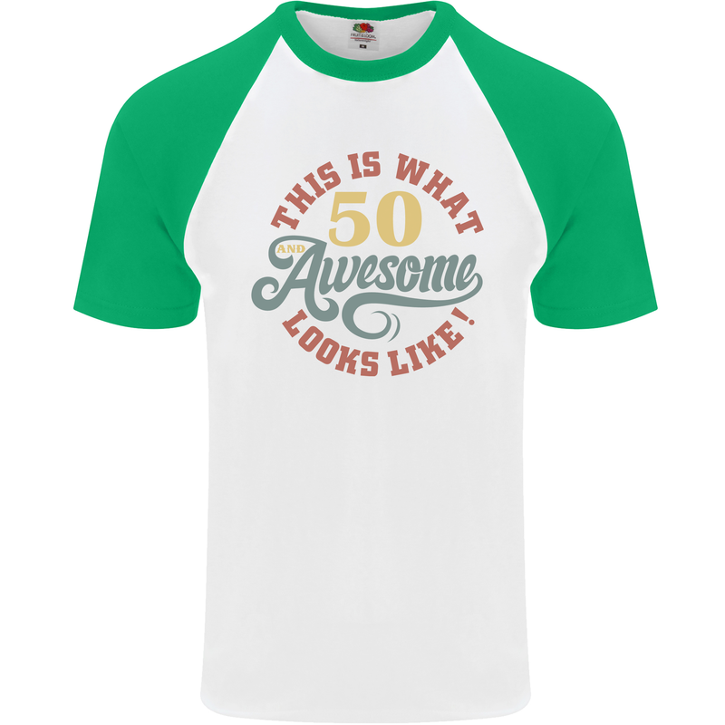 50th Birthday 50 Year Old Awesome Looks Like Mens S/S Baseball T-Shirt White/Green