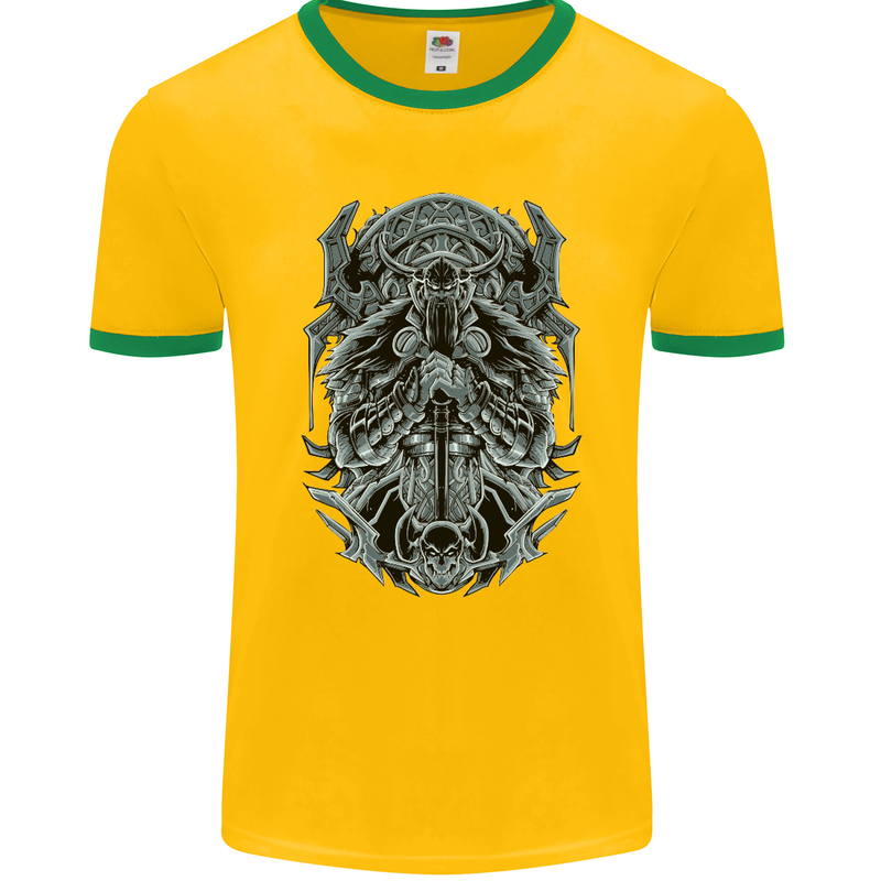 Viking God Odin Valhalla Norse Warrior Mens Ringer T-Shirt FotL Gold/Green