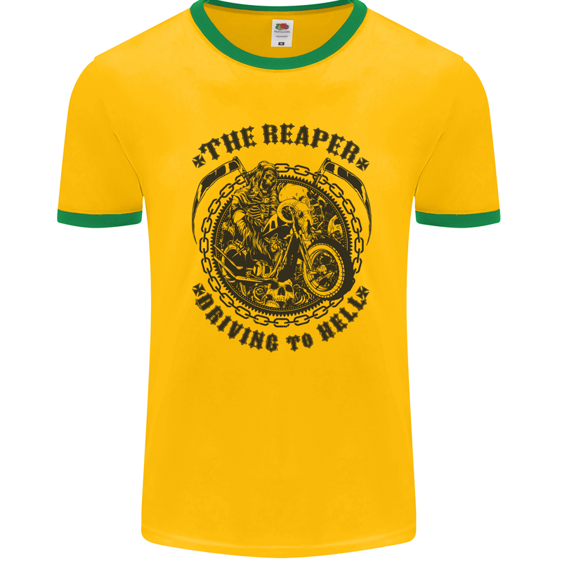 Grim Reaper Motorbike Motorcycle Biker Mens Ringer T-Shirt FotL Gold/Green