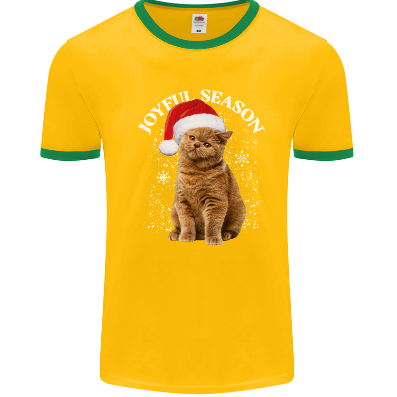 Joyful Season Christmas Funny Cat Xmas Mens White Ringer T-Shirt Gold/Green