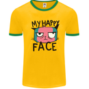 Cat My Happy Face Funny Grumpy Mens White Ringer T-Shirt Gold/Green